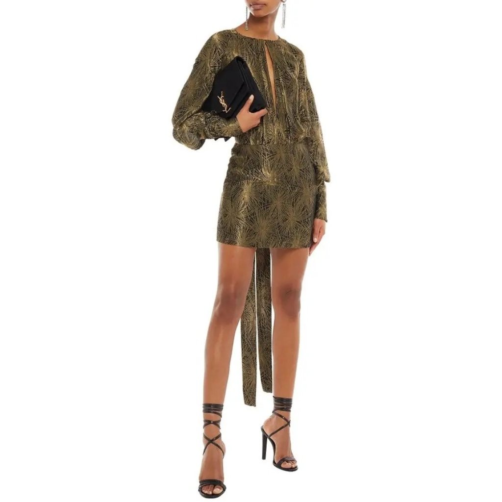 Nwt Saint Laurent Gathered Jacquard Mini Dress Gold Size 40